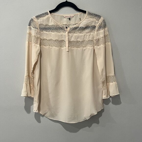 Rebecca Taylor Blouse Women’s Small Silk Lace Cream Top Neutral Dainty Feminine - Picture 1 of 7